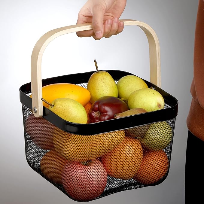 ZEAYEA Mesh Steel Fruit Basket Bin with Handle, Multi-functional Hanging Storage Organizer Garden Harvest Basket, Metal Wire Kitchen Basket for Cabinet, Pantry, Bathroom, Picnic, Home Decor, Black