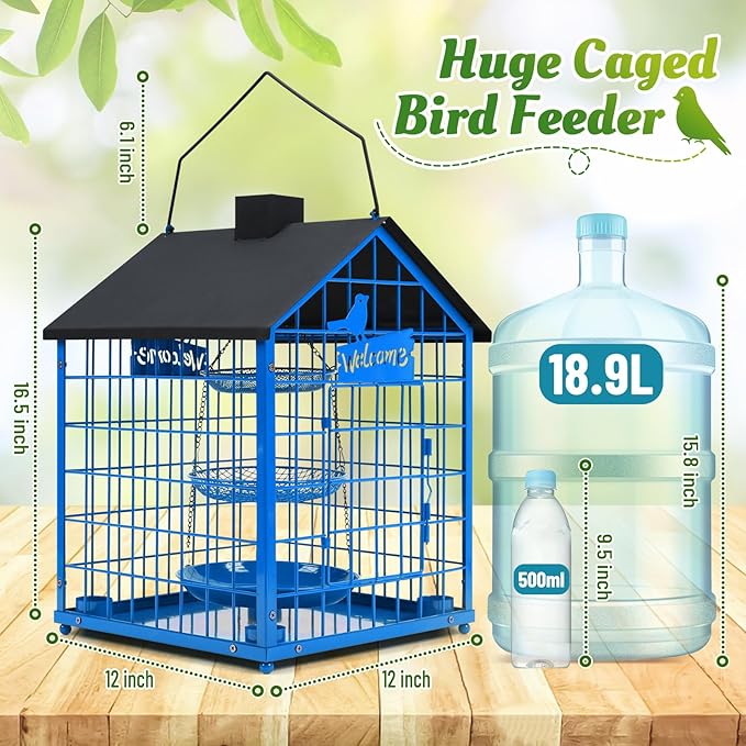 Bird Feeders for Outdoors, Metal Bluebirds Bird Feeder, Huge Caged Squirrel-Proof Bird Feeders with 4 Cups, DIY Wild Bird Feeders Outdoor Hanging, Attract Small Birds, 3 Layer Seed Tray (Blue)