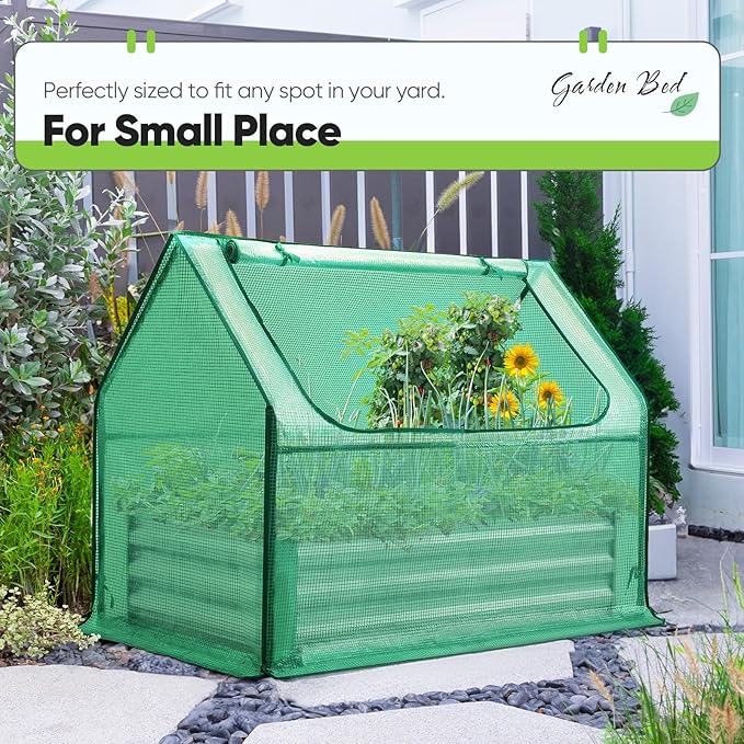 Quictent Raised Garden Bed with Cover Outdoor Galvanized Steel Planter Box Kit with Greenhouse Large Zipper Window Dual Use, 20pcs T-Type Tags & 1 Pair of Gloves Included 4x2.5x1 FT, Green