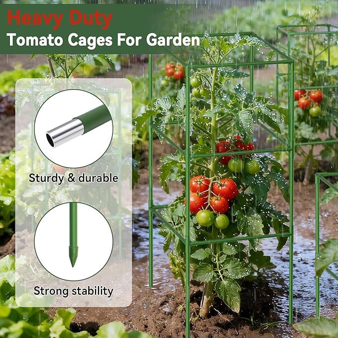 Halatool 4 Pack Square Tomato Cages for Garden, 45 Inch Heavy Duty Adjustable Metal Tomato Trellis for Climbing Plants – Green Plant Support Stakes for Vegetables Flowers Fruits&Raised Bed Outdoor