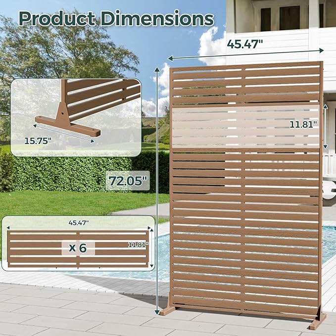 Privacy Screen Outdoor 72" Freestanding Privacy Panel with Stand, HDPE Decorative Privacy Fence with Louver Pattern, Patio Divider Screen, Privacy Screens for Outside, Balcony, Brown