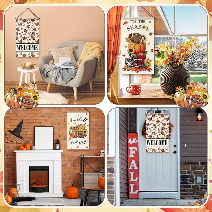 Tegeme 3 Pcs Fall Football Decorations Door Sign Flag Football Pumpkin Door Banner 12 x 20 Inch Autumn Welcome Hanging Banner Seasonal Holiday Flags Decoration for Outdoor Thanksgiving Party