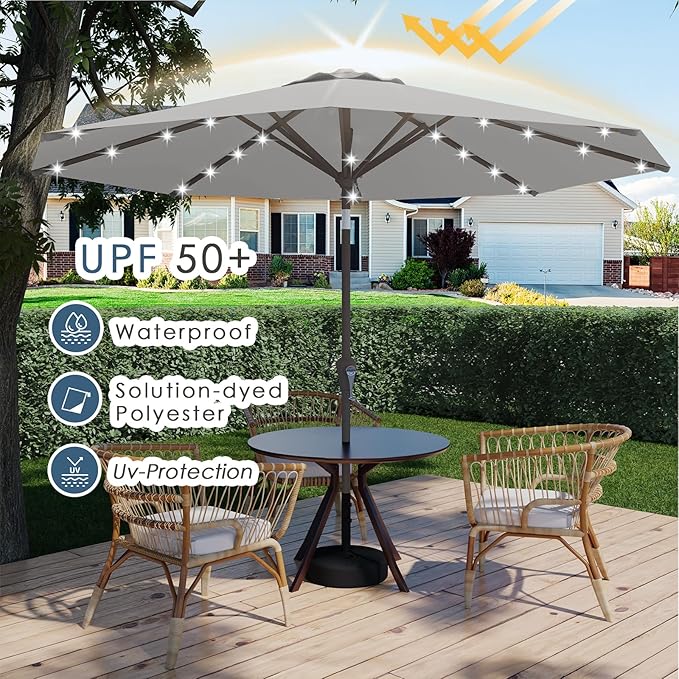 9FT Patio Umbrella with Solar Lights,Outdoor Market Umbrella with Tilt and Crank, LED Lighted Table Umbrella for Garden,Deck,Backyard,Pool,Beach