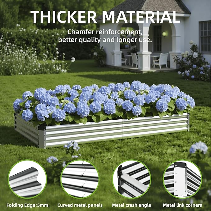 2PCS 6x2x1 FT Rectangle Metal Raised Garden Bed Kit, Elevated Garden Planter Box Outdoor, Large Planters for Outdoor Plants, Flower, Vegetables, Fruit, Herbs (Silver)