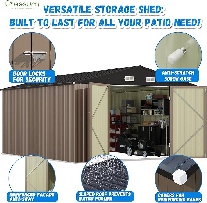 Greesum 10x12FT Outdoor Storage Shed, Utility Tool Shed with Sloping Roof, Metal Storaged Garden Shed with Door & Lock for Patio Storage, Brown