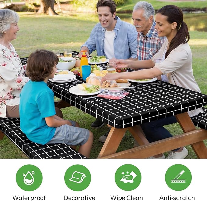Picnic Table Cover with Bench Covers, Fitted 6ft Waterproof Tablecloth Set for Outdoor Camping & RV - Includes 1 Table Cover & 2 Bench Covers with Drawstring Storage Bag, 30"x72", White Black Grid