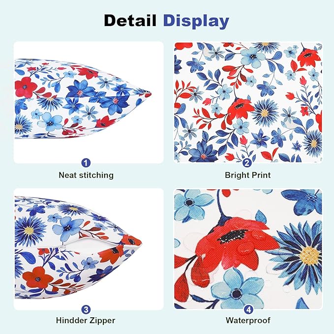 SquarePie 4th of July Outdoor Pillow Covers 18x18 Inch Set of 2 - Waterproof Red Blue Flowers Square Cushion Covers, Patriotic Watercolor Floral Decorative Throw Pillow Cases for Patio Couch Sofa