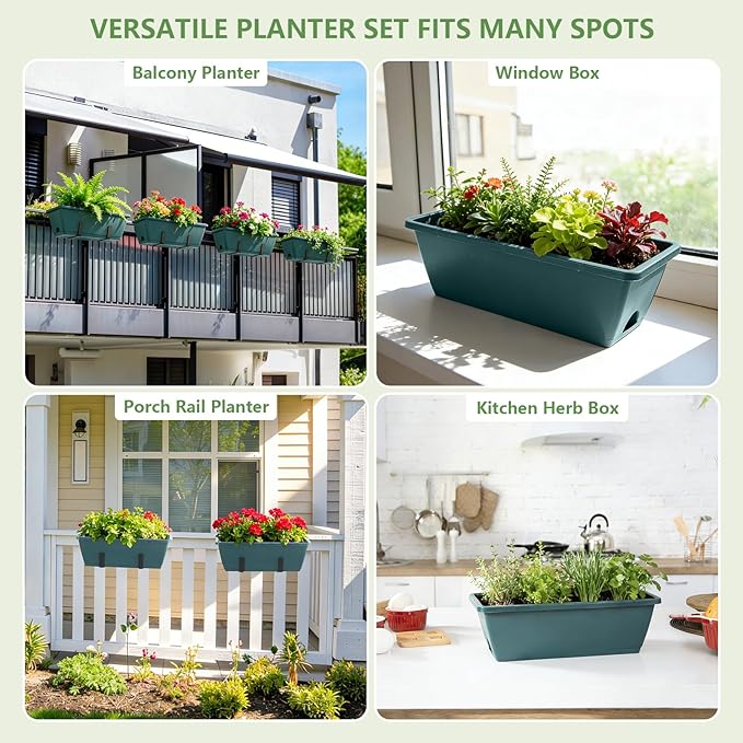 Railing Planter Box 4 Pack Deck Porch Railing Planters 17 inch Window Boxes Planters with Adjustable Brackets, Hanging Wall Planters for Plants, Fence Apartment Balcony Patio Over Rail Decor, Green
