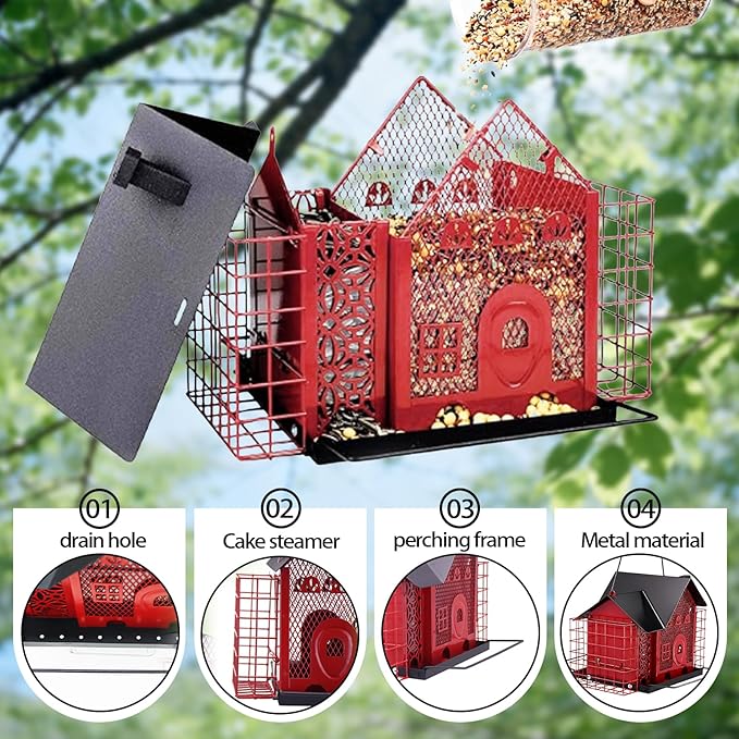 Outdoor Hanging Bird Feeder Large Capacity Durable and Sturdy Decorative Metal Bird Feeder Green and Black Two-Tone Waterproof Design with Sloped Tray Easy-Fill Wild Bird House (Red)