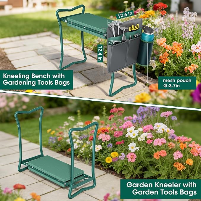 OAOA innovation 2-in-1 Garden Kneeler with Umbrella, Kneeling Bench & Grey Umbrella, Portable Stool 330lb Capacity, Garden Tools Bag with Bottle Holder, Gardening Gift for Men Women Seniors