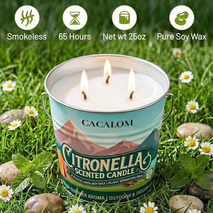 Citronella Candles Outdoor, Large 25oz Citronella Candle for Patio, 3-Wick Soy Wax Natural Candle with up to 65 Hours of Burning time, Summer Outdoor Candles Perfect for Yards, Gardens and Camping