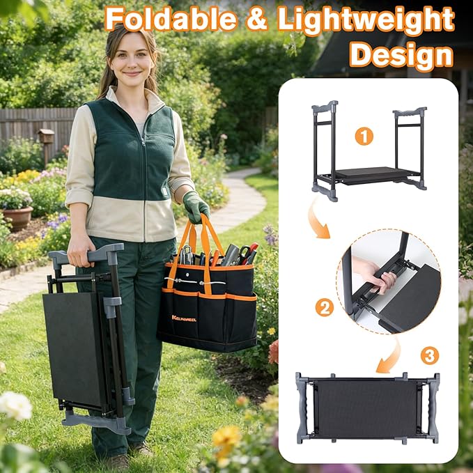 Garden Kneeler and Seat, Extra Wide Thick EVA Pad, Heavy Duty Foldable Garden Bench Holds 350lbs, Ergonomic Kneeling Stool with Garden Tool Pouches, Gardening Gifts for Women, Men & Seniors
