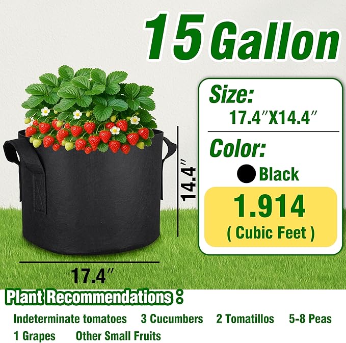12-Pack 15 Gallon Grow Bags, Heavy Duty Fabric Pots with Handles, Reusable Plant Bags for Vegetable, Herbs & Flowers, BPA-Free, Breathable, Durable
