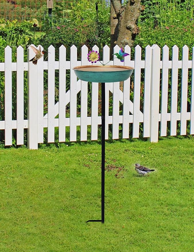 Freestanding Outdoor Bird Bath - 11 Inch Green & Bronze Birdbath Bowl & Feeder with Metal Stake 0.5 Gallon Garden Yard Patio Lawn Decor