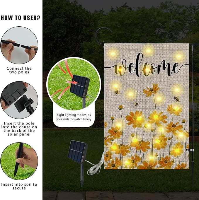 Lighted Spring Summer Floral Welcome Garden Flag, 12 x 18 Inch Double Sided Vertical Burlap Sunflower Bee Led Garden Flag for Seasonal Holiday Outdoor Yard Decoration