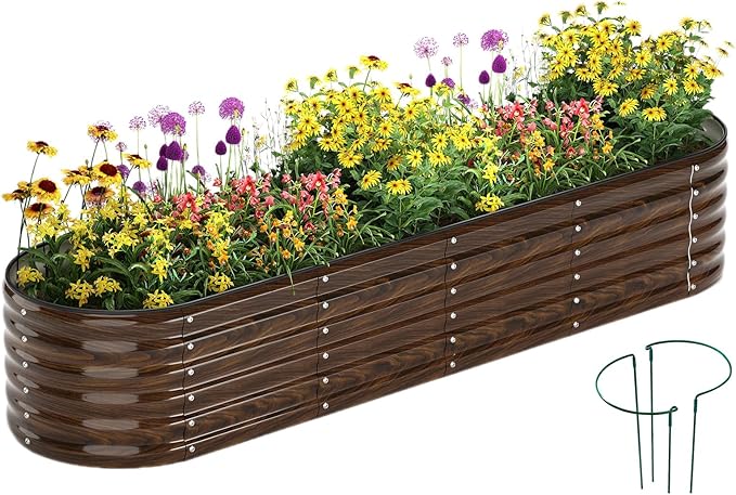 ZFHgarden Galvanized Metal Planter Round Raised Garden Bed Kit for Gardening Outdoor Garden Box Raised Flower Bed 1PC Wooden Color 8X2X1FT