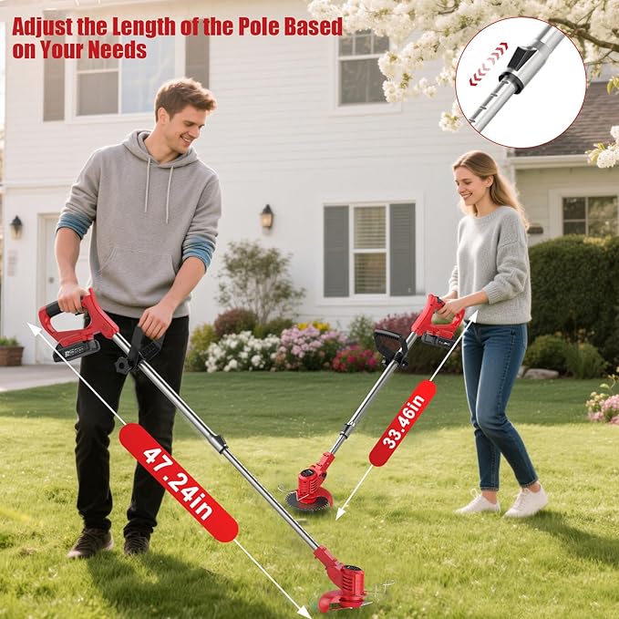 21V Weed Wacker Cordless String Trimmer with 2 Batteries 2.0Ah, 2 Types Metal Blades Powered Grass Trimmer, Pruning Shears, Adjustable Pole Weed Trimmer for Garden and Yard Lawn, Red
