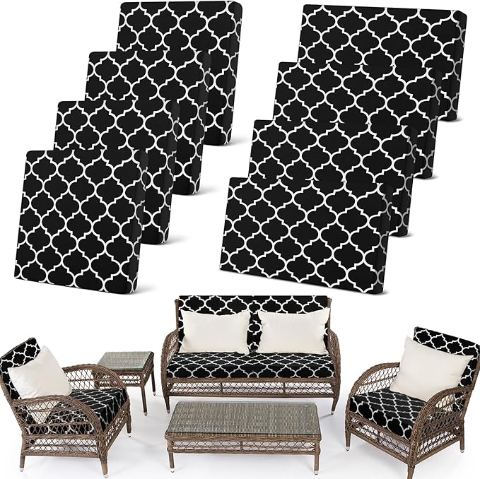Newwiee 8 Pcs Stretch Patio Outdoor Cushion Covers Waterproof Replacement Sofa Couch Covers for 4 Backrests and 4 Cushions Washable Lawn Garden Seat Furniture Protector(Black)