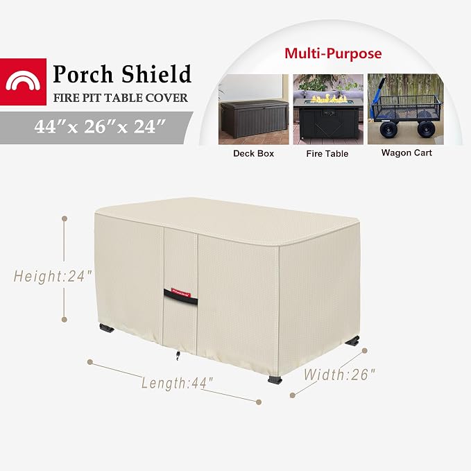 Porch Shield Patio Fire Pit Cover - Waterproof 600D Outdoor Rectangular Fire Table Cover Deck Box Protector - 44 x 26 inch, Beige