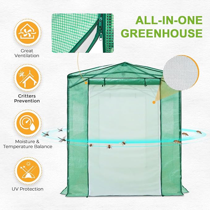 EAGLE PEAK 8x6 Portable Walk in Greenhouse, Pop Up Indoor Outdoor Greenhouse, Green House Kit with Zippered Roll-Up Doors and Windows + Mesh Lined Door, PE Cover, Clear/Green