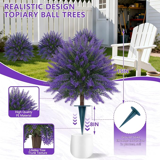 Grooy Artificial Lavender Topiary Ball, Set of 4 Artificial Boxwood Shrub Bushes with Ground Spike, Fake Evergreen Tree for Porch, Artificial Plants for Outdoor Planters Indoor UV Resistant