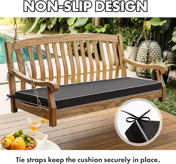 MIULEE Black Outdoor Bench Cushion 48x18x3 Inch Waterproof 3-Year Color Fastness Patio Furniture Cushions for Porch Swing, Garden Bench Sofa Couch with Adjustable Ties No Slip Design