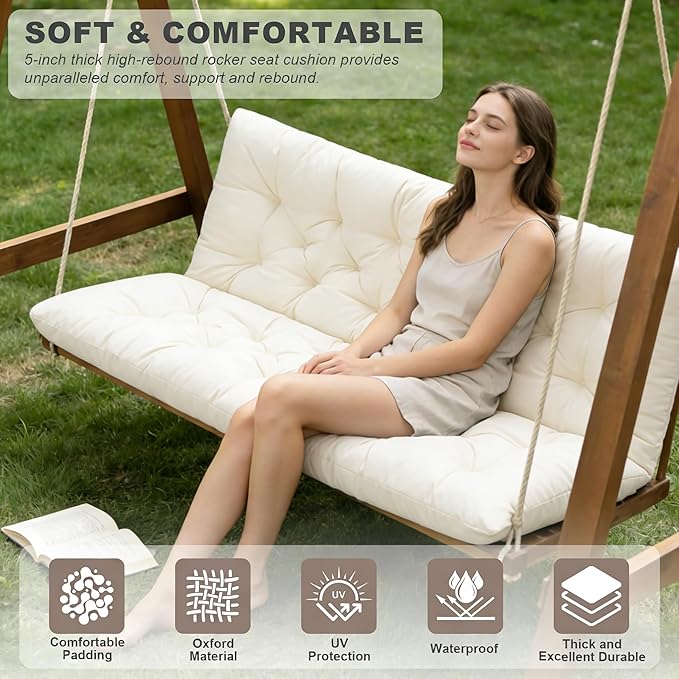 Porch Swing Cushions,Outdoor Cushions 3 Seater Replacement with Backrest, Waterproof Thickened Bench Cushion with Ties for Porch, Patio,Outdoor, Backyard and Garden (Cream 60 * 40 in)