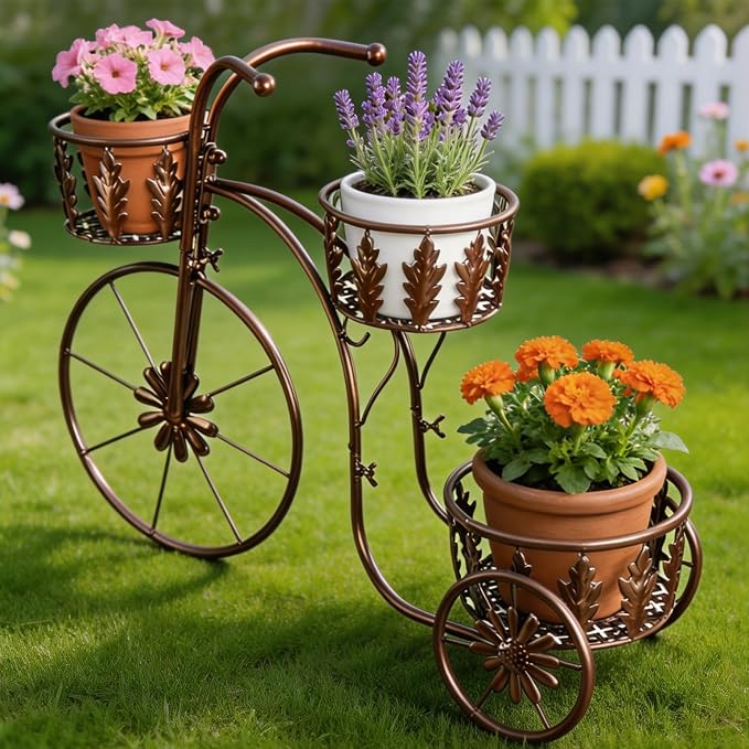 Metal Bicycle Planter Stand, 3 Tier Flower Pot Stand Cart with 3 Plant Buckets, Outdoor Garden Decorative Planter for Yard Patio Lawn Flower Shop Home Decor (Bronze)