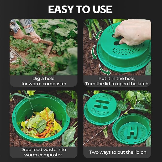 Inground Worm Composter, 2-Pack 8L (2.11Gal) Warm Farm, Outdoor Worm Compost Bin for Garden Beds & Home Use, Vermicomposting Bin for Beginners (9.5x9.5x10.8Inch), Green