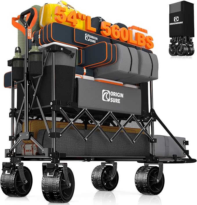 Originsure 400L Double Decker Wagon Collapsible with 54" L Tailgate, 560lbs Heavy Duty Carts Foldable, Extra Large Folding Beach Wagon with Big All-Terrain Wheels for Camping, Sports, Grey&Black