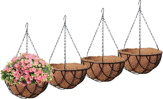 MTB Supply 4 Pack 12 Inch Garden Hanging Baskets Vintage Geo with Coco-Liner for Home Balcony Patio Decoration Outdoor Hanging Planter
