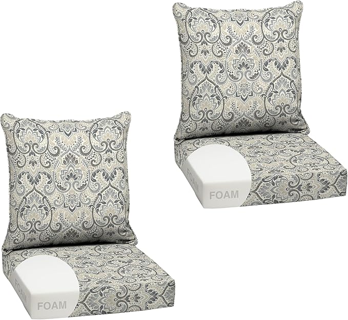 Arden Outdoor Foam Deep Seat Cushion Set (2-Pack), 24x24, Premium High-Density Foam, Never Flattens, Weather-Proof for Patio Chair Sofa Couch, Neutral Aurora Damask