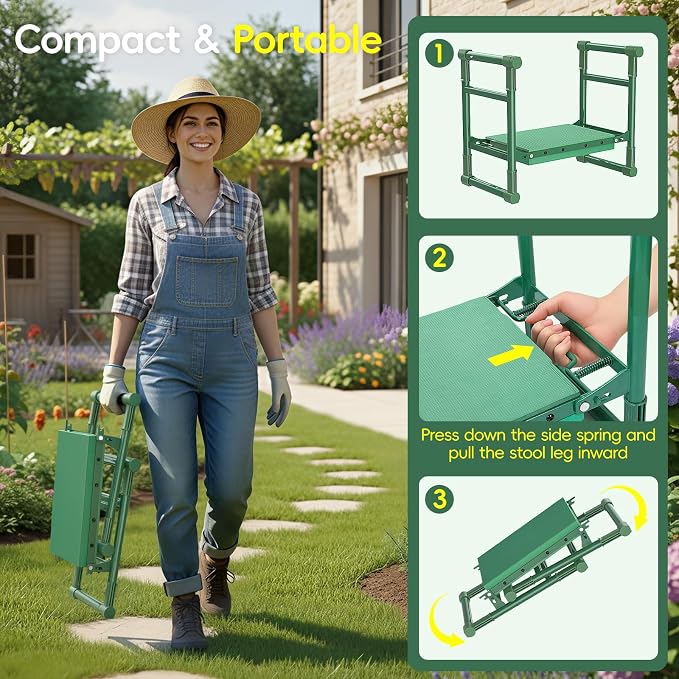 Housolution Garden Kneeler and Seat with Anti-Tipping Extendable Legs, Foldable and Portable Garden Stool with 2 Tool Bags, Thick Soft Kneeling Pad, Gardening Gifts for Women Men Seniors, Deep Green