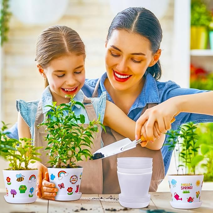Domensi 30 Pack Garden Pot Craft Kit 4 Inch DIY Hello Spring Crafts for Kids Bulk Plastic Flower Plant Pot Plastic Planter with Tray Drainage Holes with Tag, Certificate of Award, Sticker