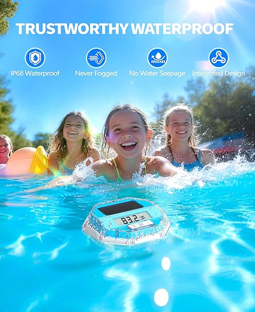 LuxBlue 2026 Upgrade Solar Digital Pool Thermometer with Dynamic Light Show | Floating Pool Thermometer - Large LCD Screen for Easy Read | IP68 Waterproof Pools Temperature Gauge for Spa & Pond