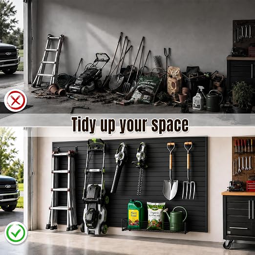 SMARTSTANDARD Slatwall Panel 4x8 FT, Garden Wall Organizer with 31 Garden Tool Hooks & Baskets,Heavy Duty PVC Slat Wall Panels for Gardening, Easy to Install & DIY Cutting (Black)