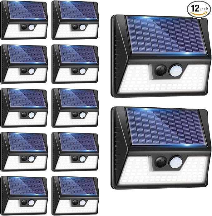 vighep 12 Pack Solar Fence Lights Waterproof, Motion Sensor Deck Lights Outdoor, Cold White LED Outside Lights Wireless for Wall Yard Steps Stairs Garden - Black