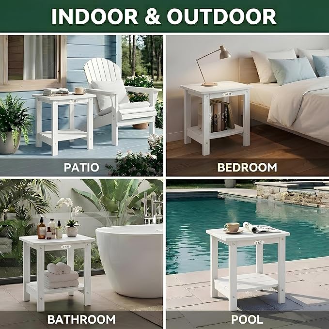 Y&M Outdoor Side Table, HIPS Adirondack Small Double Layer Table, Waterproof Square Outside Table, Balcony Modern End Tables for Patio, Pool, Beach, Porch, Deck, Indoor or Outdoor Use, White