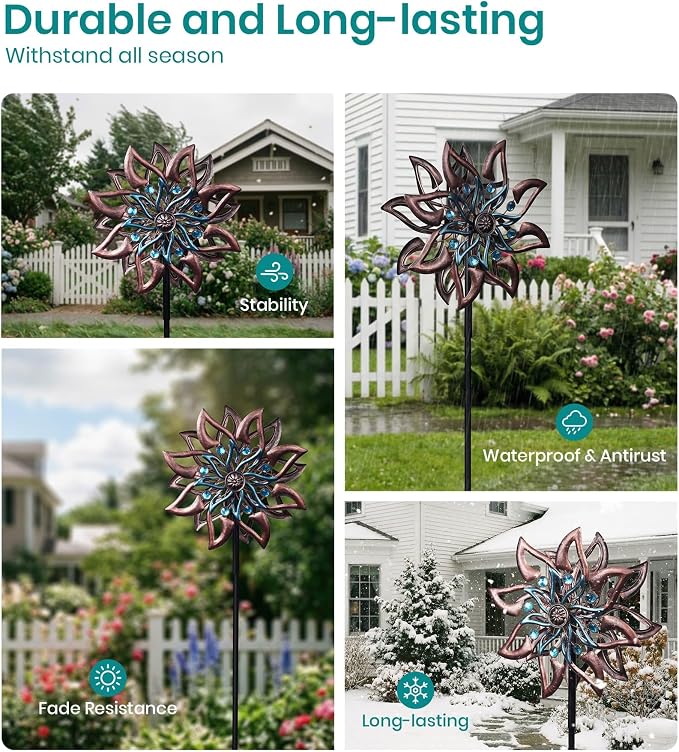 Dahlia Wind Spinner Metal Kinetic Garden Yard Windmill Outdoor Decor | Hand-Crafted Art, Copper & teal dahlia metal spinner, Whisper-quiet dual rotation, Stable ground stake