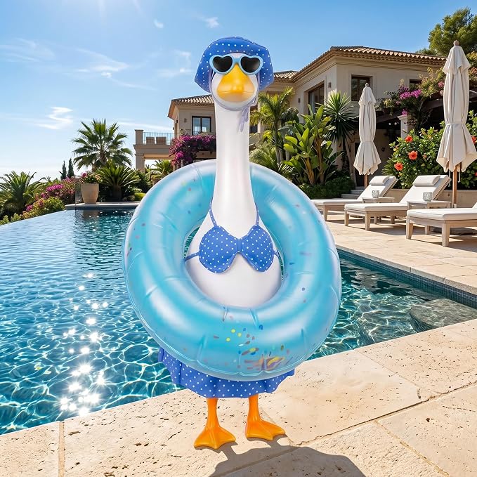 Summer Porch Goose Outfit with Sunglasses and Swim Ring, Hawaiian Bikini 23 inch Porch Goose Costume Clothing for Patio Yard