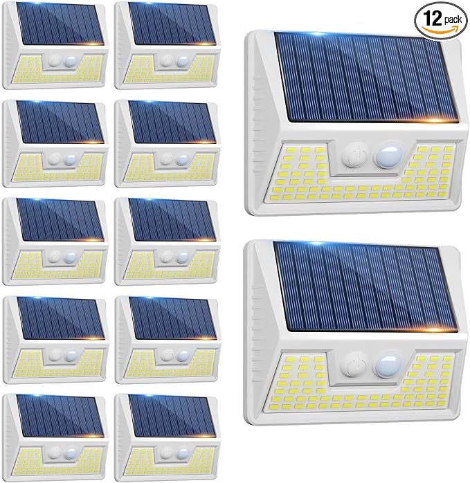 vighep 12Pack White Solar Lights Outdoor Motion Sensor, 3000K Warm Light/3 Lighting Modes, IP65 Waterproof Solar Powered Wall Lights Outside for Garden Fence Backyard Deck Driveway
