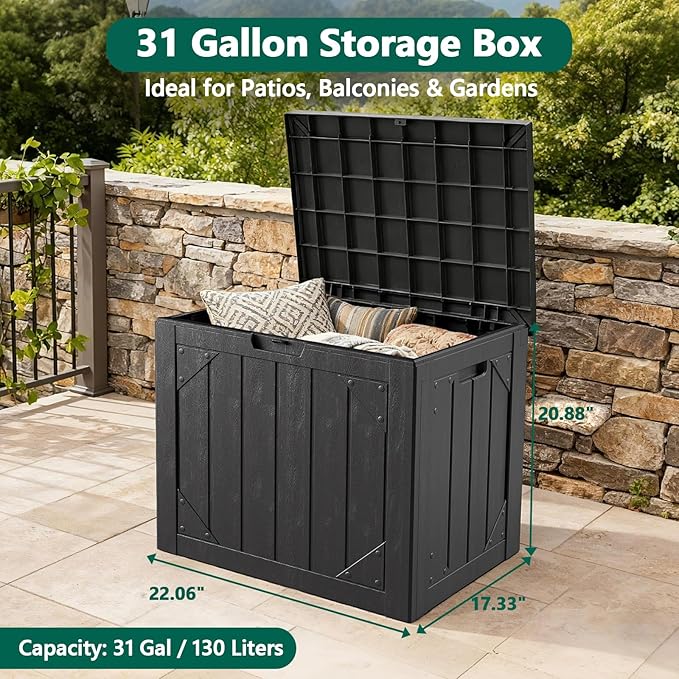 Outdoor Storage Box, 31 Gallon Lockable Waterproof Deck Storage Box, Yard Storage Bin, Suitable for Gardens, Black