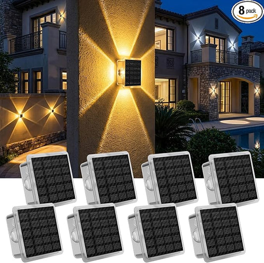 AUDLES Solar Wall Lights Outdoor Waterproof, 4-Sided Glow Solar Fence Lights, 3000K 4000K 6000K 3 Color Temperature Solar Wall Sconce for Garden Patio House Porch Poolside Decor-8 Pack
