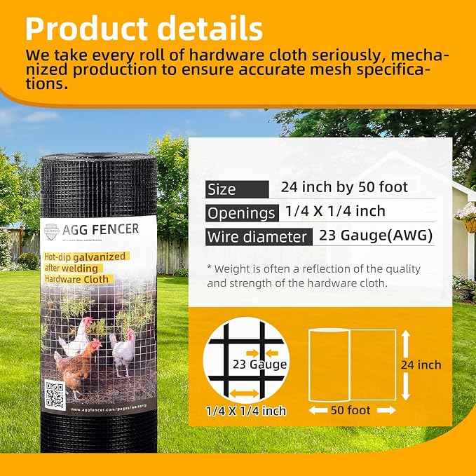 24in x 50ft Black Hardware Cloth 1/4 inch 23Ga PVC Coated Wire Mesh Vinyl Coated Fence, Welded Metal Chicken Wire Fencing Roll, Garden Plant Fencing, for Chicken Coop and Home Improvement