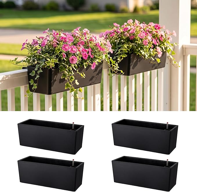 LaLaGreen Deck Railing Planter Boxes (14 Inch, 2 Pack) Self-Watering Window Box Planters with Brackets, Rectangular Hanging Flower Pots for Balcony Fence, Herb Garden Outdoor Black Plastic Planters
