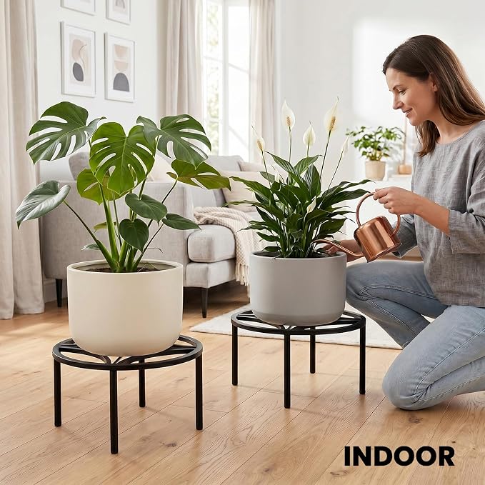TOSKING 2-Pack Fully Assembled Heavy Duty Metal Plant Stand, Geometric Flower Pot Holder for Heavy Potted Plant, Rustproof Iron Plant Riser with Adjustable Feet, 220 LBS Capacity, No Installation Required, Black (13.4"Dia x 6.5"H)
