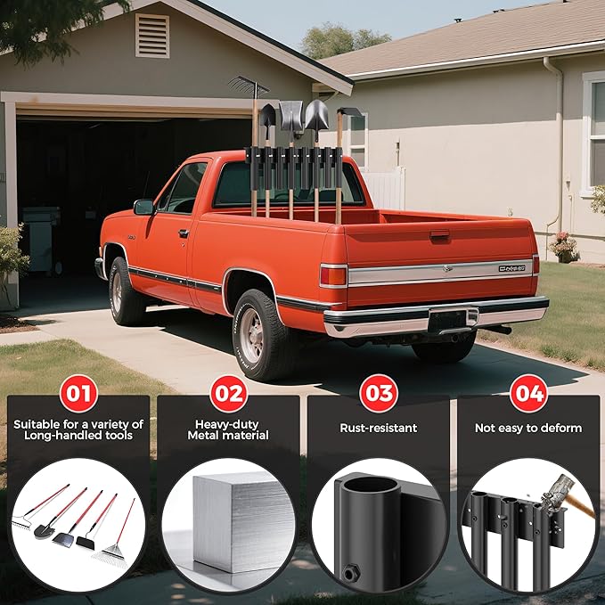 Shovel Holder for Truck, 8-Holes in 2 Grouped Metal Truck Shovel Mount /Rack, Heavy Duty Trailer Tool Rack for Rakes, Hoes, Trimmers, Lawn & Landscape Hand Tools (Bed/Box Mount Upgrade)