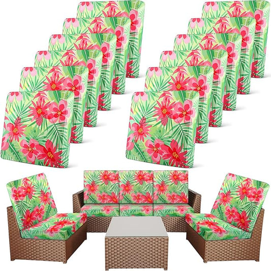 Newwiee 12 Pcs Patio Cushion Covers Outdoor Stretch Sofa Couch Cover Replacement Couch Slipcover Sofa Seat Chair Porch Patio Furniture Protector, Flexibility Washable(Red Green,Floral Leaf)