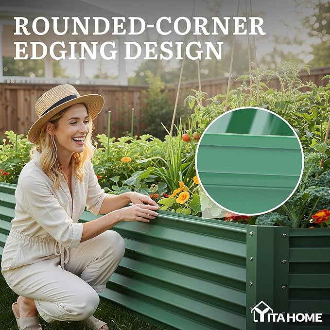 YITAHOME 6x3x1.5ft Large Raised Garden Bed Kit, Galvanized Metal Planter Box with Gloves, Ground Nails, Support Rod, Outdoor Above Ground Planters for Plants Vegetables Flowers, Green