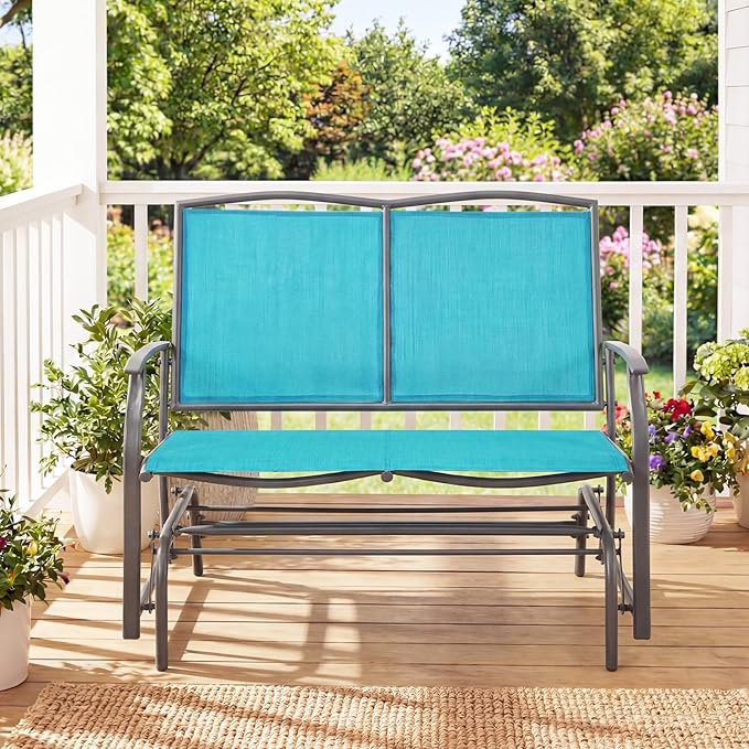 Giantex Outdoor Glider Bench, Patio Glider Bench for Outside, Steel Frame, 400 Lbs Capacity, Ergonomic Swing Rocking Chair Loveseat, 2-Person Porch Swing Rocker for Backyard, Lawn, Balcony, Turquoise